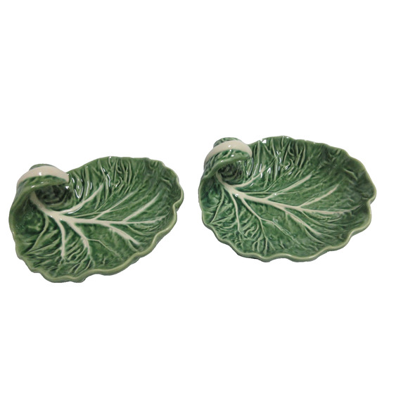 2 Bordallo Pinheiro Cabbage Green Bon Bon Footed Dish 7" Set Vintage Circa 1998 - Picture 2 of 6